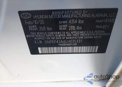 2020 Hyundai Sonata Sel из США, поврежденный, VIN 5NPEF4JA6LH035331